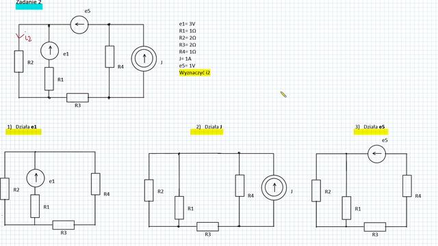 Drugie zadanie z metody superpozycji w obwodach elektrycznych, w którym występują trzy źródła